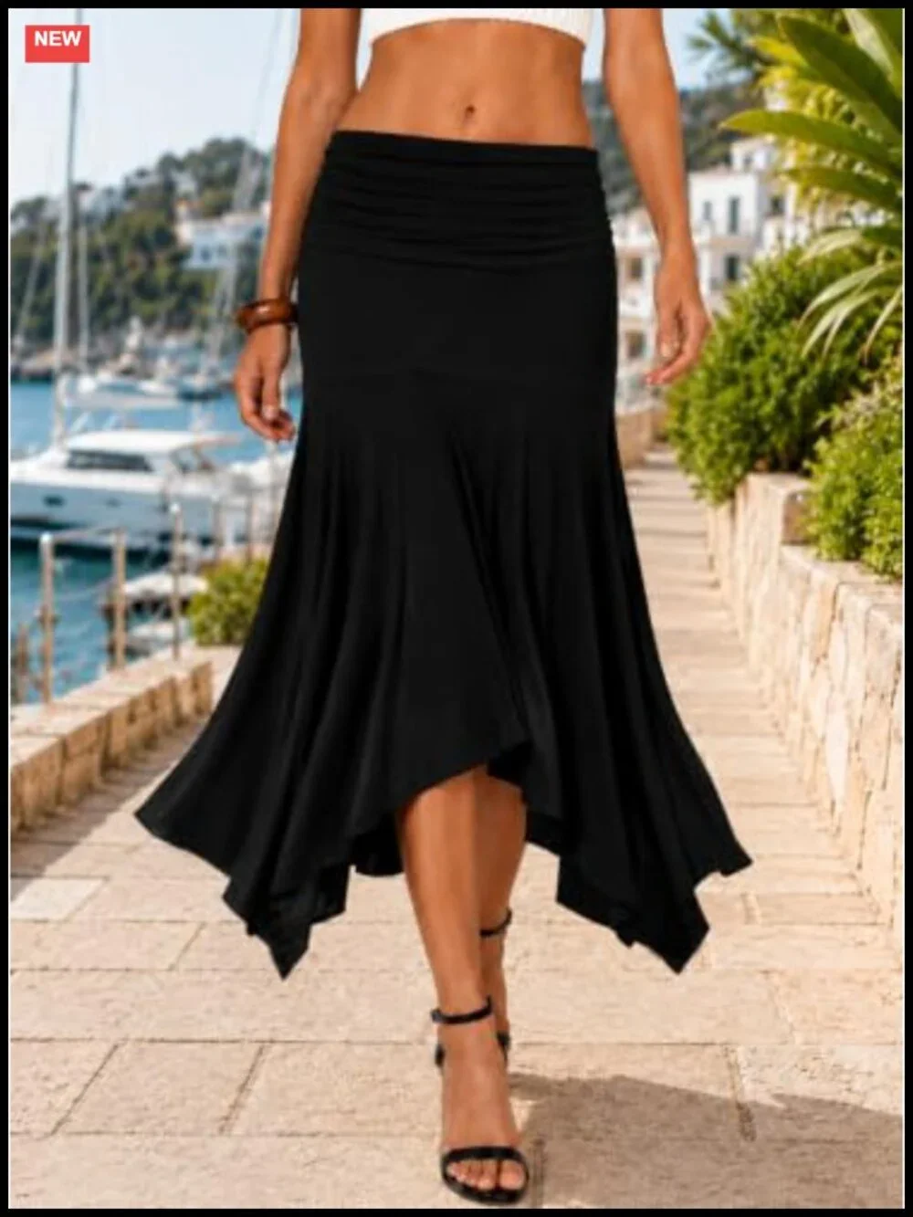 Asymmetrical Handkerchief Hem Midi Skirt, Ruched Waistband, Low Rise, Viscose
